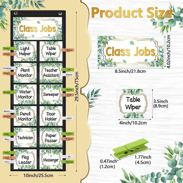 Alt view image 2 of 7 - Eucalyptus Class Jobs Pocket Chart Class Helpers Pocket Chart Classroom Jobs Cards with Clips and Hooks Teacher Helper Bulletin Board Set, for Back to School Classroom Teacher Supplies