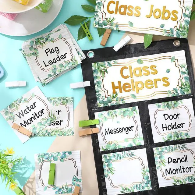 Alt view image 4 of 7 - Eucalyptus Class Jobs Pocket Chart Class Helpers Pocket Chart Classroom Jobs Cards with Clips and Hooks Teacher Helper Bulletin Board Set, for Back to School Classroom Teacher Supplies