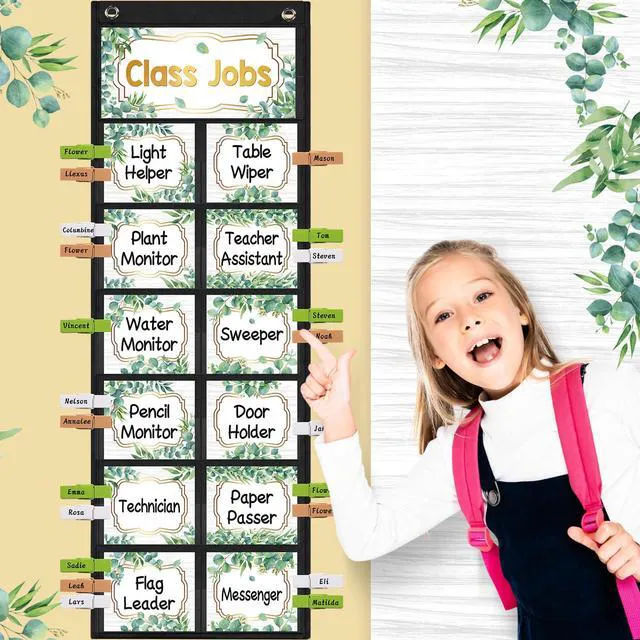 Alt view image 5 of 7 - Eucalyptus Class Jobs Pocket Chart Class Helpers Pocket Chart Classroom Jobs Cards with Clips and Hooks Teacher Helper Bulletin Board Set, for Back to School Classroom Teacher Supplies