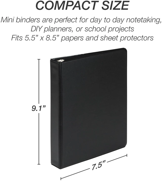 Alt view image 5 of 7 - Economy 1 Inch Mini 3 Ring Binder, Round Ring Binder, Holds 5.5 x 8.5 Inch Documents, 1" Storage, 6-Pack, Black