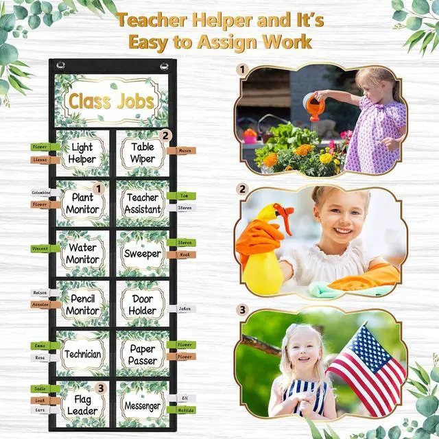 Alt view image 6 of 7 - Eucalyptus Class Jobs Pocket Chart Class Helpers Pocket Chart Classroom Jobs Cards with Clips and Hooks Teacher Helper Bulletin Board Set, for Back to School Classroom Teacher Supplies