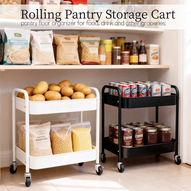 Alt view image 2 of 7 - 2 Tier Metal Rolling Utility Cart with Wheels Under Desk Storage Cart with Handle, Roll Around Organizer Trolley for Small Space Pantry Bathroom Home Kitchen Office Snack Baby Supplies, Black