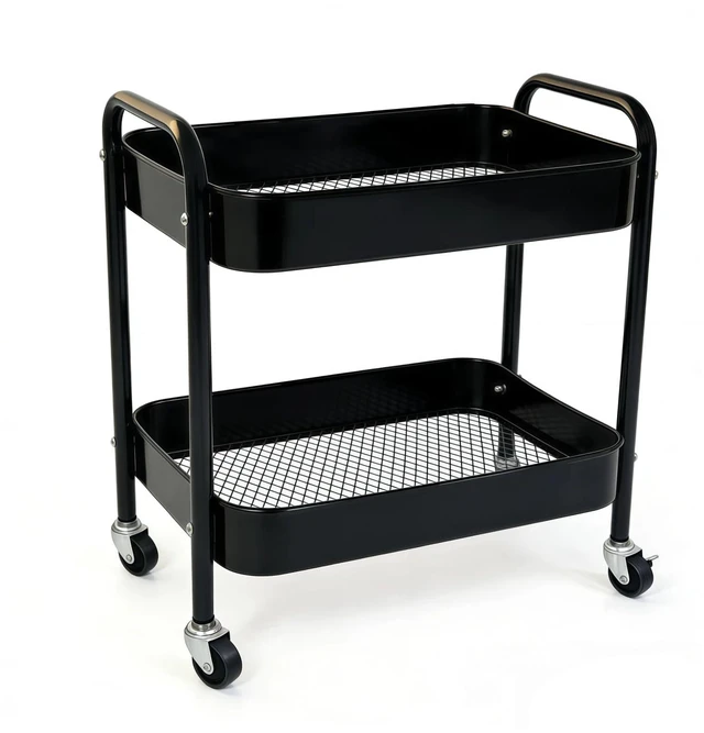 Main image of 2 Tier Metal Rolling Utility Cart with Wheels Under Desk Storage Cart with Handle, Roll Around Organizer Trolley for Small Space Pantry Bathroom Home Kitchen Office Snack Baby Supplies, Black
