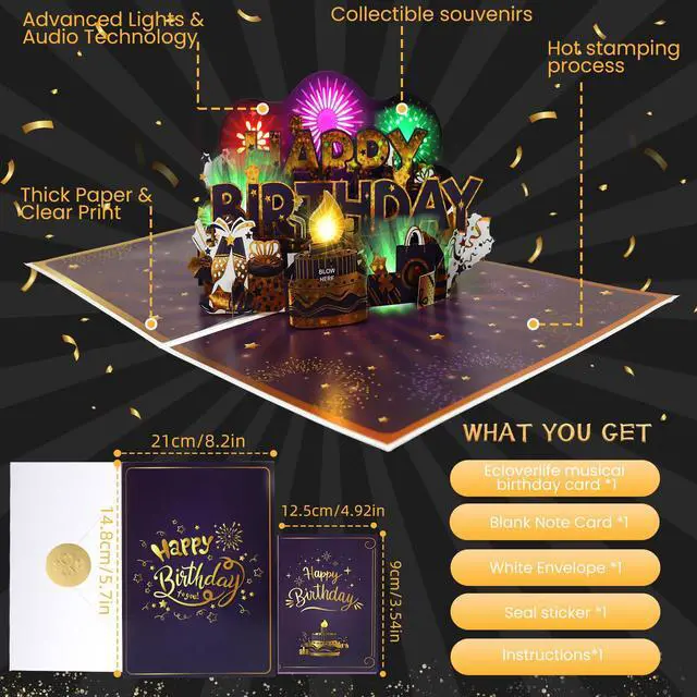 Alt view image 6 of 6 - Birthday Cards, Pop up Birthday Card w Music, Firework Light for Men, Women Musical Birthday Cards, 3D Singing Happy Birthday Card/Gift for Son, Grandson, Dad, Husband, Boys, Girls