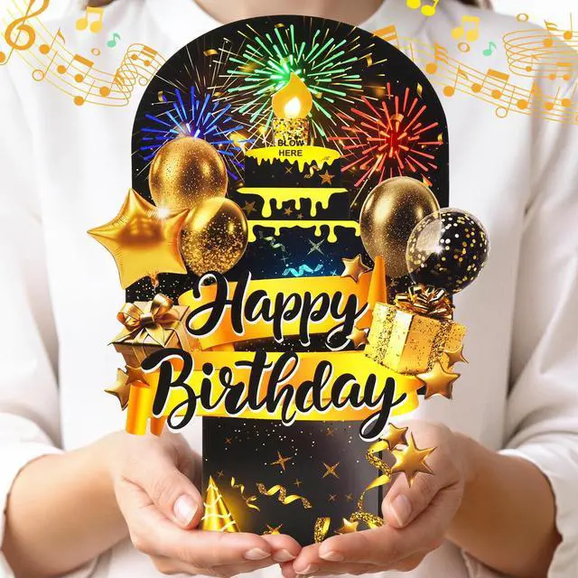 Main image of Pop Up Birthday Cards, 3D Musical Lights Up Fireworks Greeting Card Interactive Blow Out Candle, Black Gold Singing Happy Birthday Cards Gifts for Men Women Him Her Wife Mom Dad Son All Ages