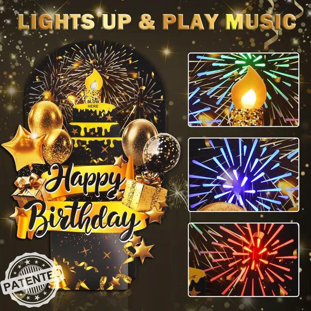 Alt view image 2 of 6 - Pop Up Birthday Cards, 3D Musical Lights Up Fireworks Greeting Card Interactive Blow Out Candle, Black Gold Singing Happy Birthday Cards Gifts for Men Women Him Her Wife Mom Dad Son All Ages