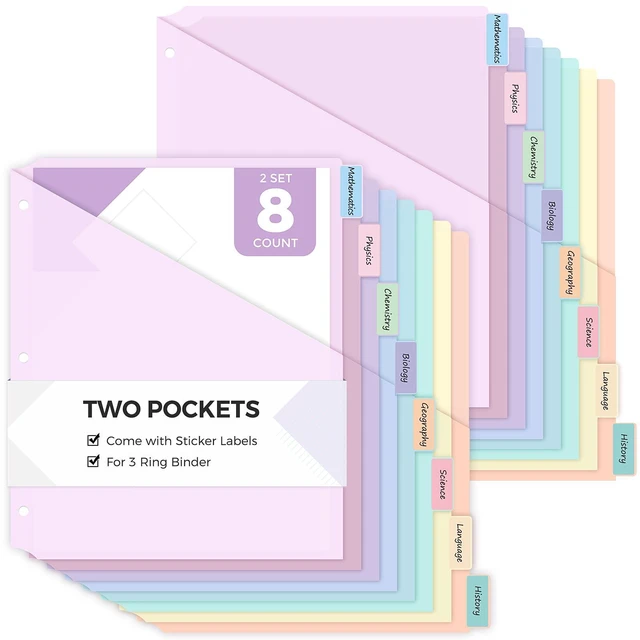 Main image of 8 Tabs Dividers with Two Pockets, Plastic Binder Dividers Dividers for 3 Ring Binders with Writable Labels,Insertable Lettersize Document Pocket,Organizer for School Office & Home