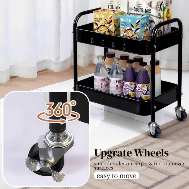 Alt view image 3 of 7 - 2 Tier Metal Rolling Utility Cart with Wheels Under Desk Storage Cart with Handle, Roll Around Organizer Trolley for Small Space Pantry Bathroom Home Kitchen Office Snack Baby Supplies, Black