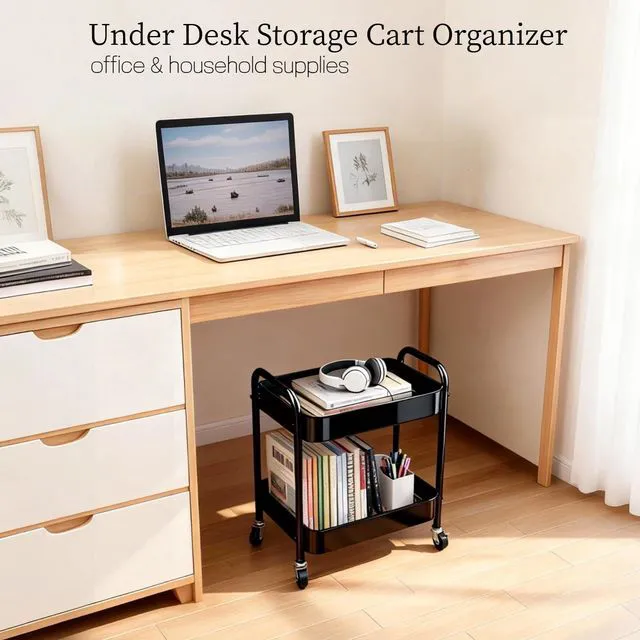Alt view image 4 of 7 - 2 Tier Metal Rolling Utility Cart with Wheels Under Desk Storage Cart with Handle, Roll Around Organizer Trolley for Small Space Pantry Bathroom Home Kitchen Office Snack Baby Supplies, Black