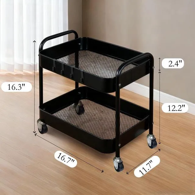 Alt view image 5 of 7 - 2 Tier Metal Rolling Utility Cart with Wheels Under Desk Storage Cart with Handle, Roll Around Organizer Trolley for Small Space Pantry Bathroom Home Kitchen Office Snack Baby Supplies, Black