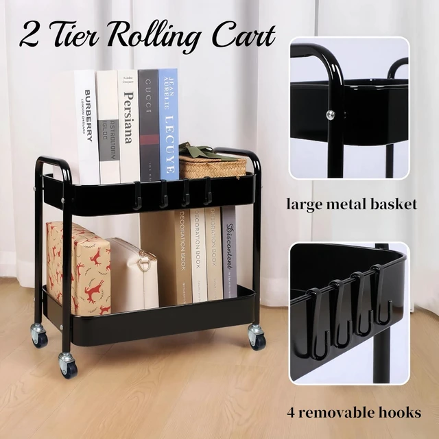 Alt view image 7 of 7 - 2 Tier Metal Rolling Utility Cart with Wheels Under Desk Storage Cart with Handle, Roll Around Organizer Trolley for Small Space Pantry Bathroom Home Kitchen Office Snack Baby Supplies, Black