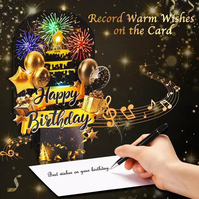 Alt view image 3 of 6 - Pop Up Birthday Cards, 3D Musical Lights Up Fireworks Greeting Card Interactive Blow Out Candle, Black Gold Singing Happy Birthday Cards Gifts for Men Women Him Her Wife Mom Dad Son All Ages