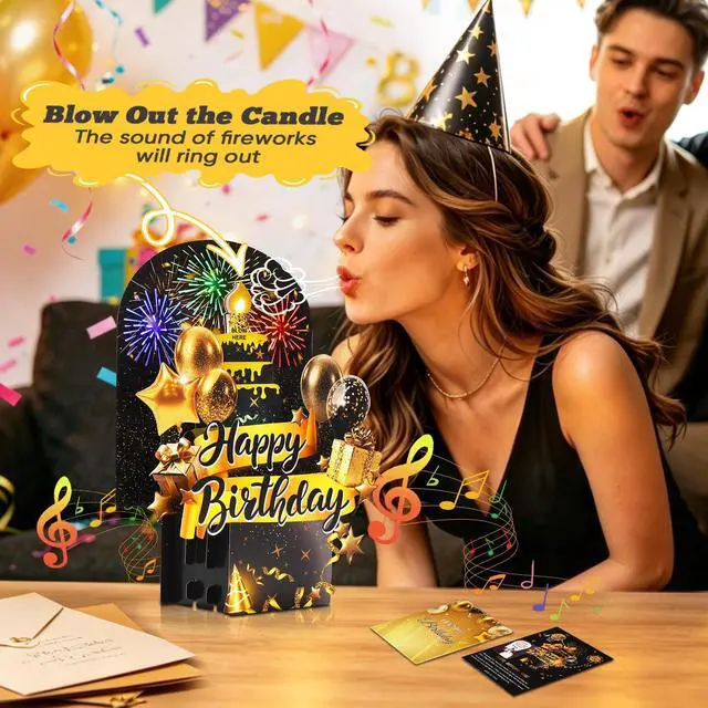 Alt view image 4 of 6 - Pop Up Birthday Cards, 3D Musical Lights Up Fireworks Greeting Card Interactive Blow Out Candle, Black Gold Singing Happy Birthday Cards Gifts for Men Women Him Her Wife Mom Dad Son All Ages