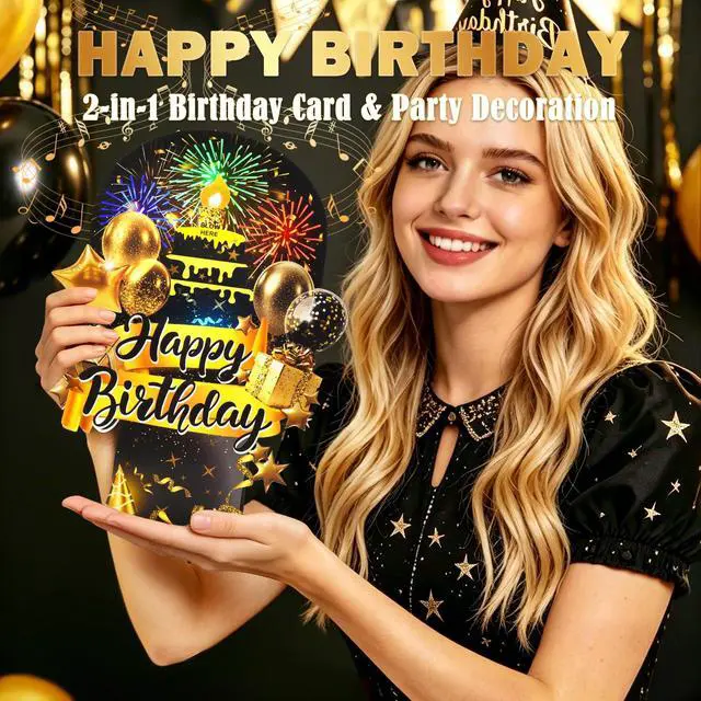Alt view image 5 of 6 - Pop Up Birthday Cards, 3D Musical Lights Up Fireworks Greeting Card Interactive Blow Out Candle, Black Gold Singing Happy Birthday Cards Gifts for Men Women Him Her Wife Mom Dad Son All Ages