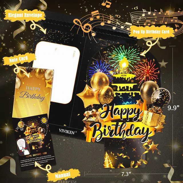 Alt view image 6 of 6 - Pop Up Birthday Cards, 3D Musical Lights Up Fireworks Greeting Card Interactive Blow Out Candle, Black Gold Singing Happy Birthday Cards Gifts for Men Women Him Her Wife Mom Dad Son All Ages