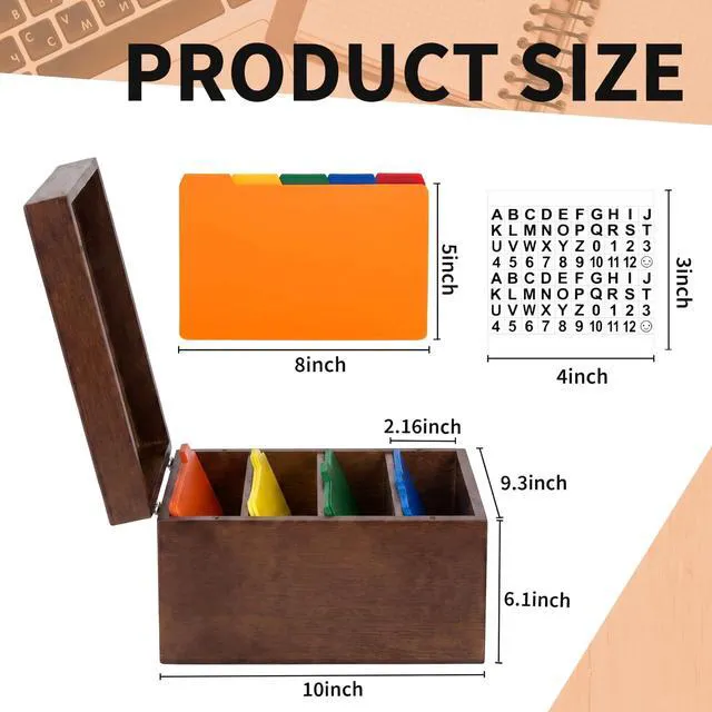 Alt view image 2 of 7 - 5 x 8 Inches Index Card Holder Set, Bamboo Organizer Box, Brown Holds 1200 Cards with 50 Index Card Organizer Dividers & 2 Sheets Alphabet Number Stickers for Office Home Kitchen Filing