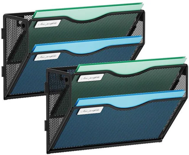 Main image of Wall File Holder 2-Tier Hanging Wall File Organizer, Mesh Mail Holder for Papers, Wall Mount File Clipboard & Magazine Organizer Great for Office Home - 2P
