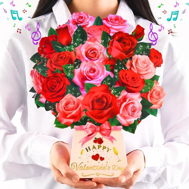 Main image of Pop Up Valentines Day Cards, 12 Inch Musical Lights Up Rose Bouquet Card 3D Paper Flower Happy Valentines Day Greeting Cards for Wife, Popup Valentines Day Card Gifts for Mom Women Girlfriend