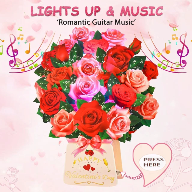 Alt view image 2 of 6 - Pop Up Valentines Day Cards, 12 Inch Musical Lights Up Rose Bouquet Card 3D Paper Flower Happy Valentines Day Greeting Cards for Wife, Popup Valentines Day Card Gifts for Mom Women Girlfriend