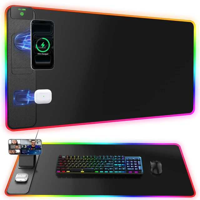 Main image of Wireless Charging Mouse Pad with Magnetic Phone Stand, 31.5"x15.8" Large Gaming Mousepad RGB Desk Mat, Smooth Glide, Stitched Edge, Non-Slip Rubber Base, Waterproof Keyboard Mat, No Adatper