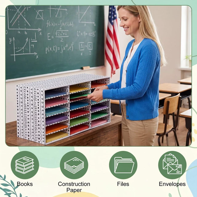 Alt view image 6 of 7 - 2 Pcs Classroom Construction Paper Storage,Wavy Lines and Dot 18 Slot Compartments Desktop Scrapbook Organizer for Letter/A4 File Sorter, 14.2" H x 28.1" W x 12.4" D for School Office