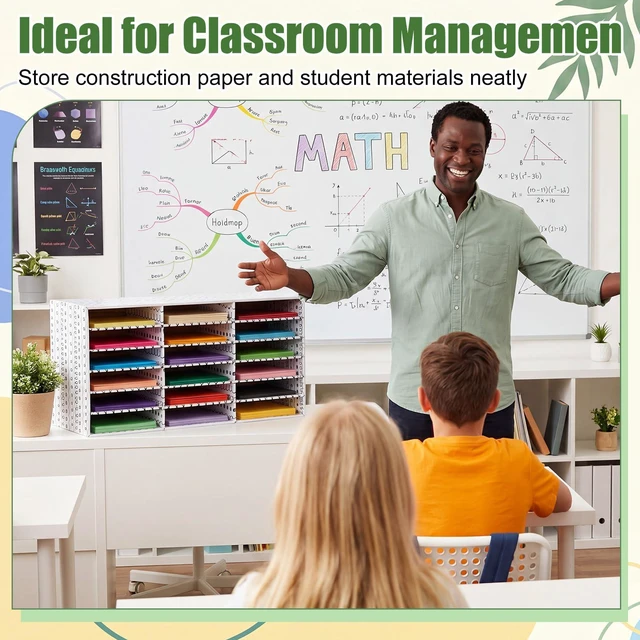 Alt view image 5 of 7 - 2 Pcs Classroom Construction Paper Storage,Wavy Lines and Dot 18 Slot Compartments Desktop Scrapbook Organizer for Letter/A4 File Sorter, 14.2" H x 28.1" W x 12.4" D for School Office