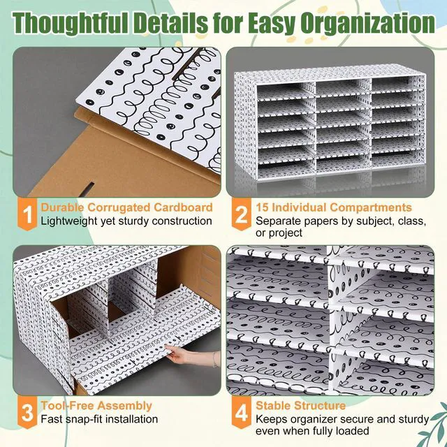 Alt view image 3 of 7 - 2 Pcs Classroom Construction Paper Storage,Wavy Lines and Dot 18 Slot Compartments Desktop Scrapbook Organizer for Letter/A4 File Sorter, 14.2" H x 28.1" W x 12.4" D for School Office