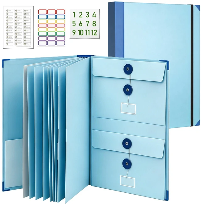Main image of Important Document Organizer for Family Records with Labeled Pockets 12 labeled pockets organize important papers, passports, certificates, insurance, medical, tax and legal records