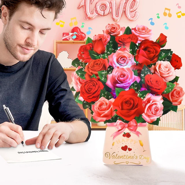 Alt view image 3 of 6 - Pop Up Valentines Day Cards, 12 Inch Musical Lights Up Rose Bouquet Card 3D Paper Flower Happy Valentines Day Greeting Cards for Wife, Popup Valentines Day Card Gifts for Mom Women Girlfriend