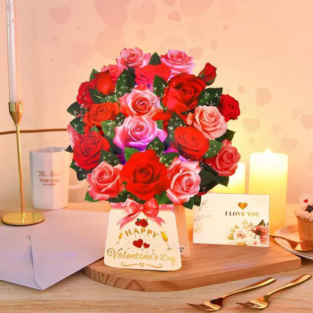 Alt view image 6 of 6 - Pop Up Valentines Day Cards, 12 Inch Musical Lights Up Rose Bouquet Card 3D Paper Flower Happy Valentines Day Greeting Cards for Wife, Popup Valentines Day Card Gifts for Mom Women Girlfriend