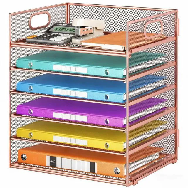 Main image of 6 Tiers Letter Tray Paper Organizer with Handle, Mesh Desk File Organizer, Metal Desktop Document Shelf Organization, Paper Sorter Organizer for Office, Home or School File Folder Holder (Rose Gold)