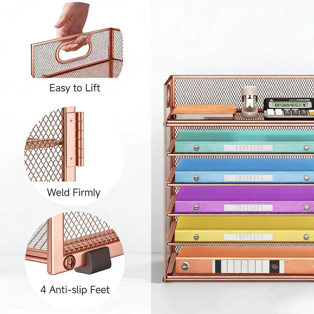 Alt view image 2 of 5 - 6 Tiers Letter Tray Paper Organizer with Handle, Mesh Desk File Organizer, Metal Desktop Document Shelf Organization, Paper Sorter Organizer for Office, Home or School File Folder Holder (Rose Gold)