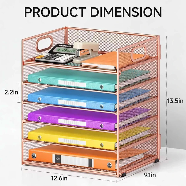 Alt view image 3 of 5 - 6 Tiers Letter Tray Paper Organizer with Handle, Mesh Desk File Organizer, Metal Desktop Document Shelf Organization, Paper Sorter Organizer for Office, Home or School File Folder Holder (Rose Gold)