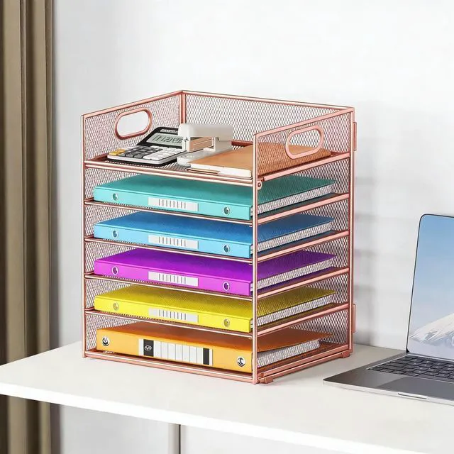 Alt view image 4 of 5 - 6 Tiers Letter Tray Paper Organizer with Handle, Mesh Desk File Organizer, Metal Desktop Document Shelf Organization, Paper Sorter Organizer for Office, Home or School File Folder Holder (Rose Gold)