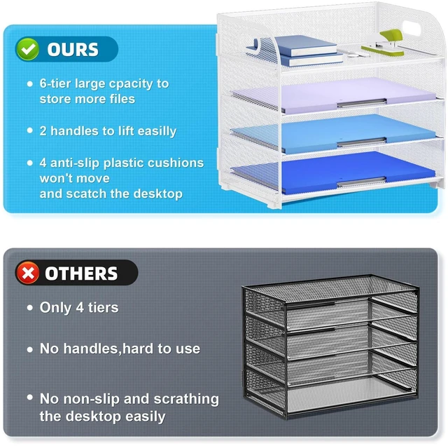 Alt view image 2 of 6 - 2 Pack 4 Tier Paper Organizer Letter Tray - Mesh Desk File Organizer with Handle, Paper Sorter Organizer for Letter/A4 Office File Folder Holder (White, 12.6" x 9.1" x 10.7")
