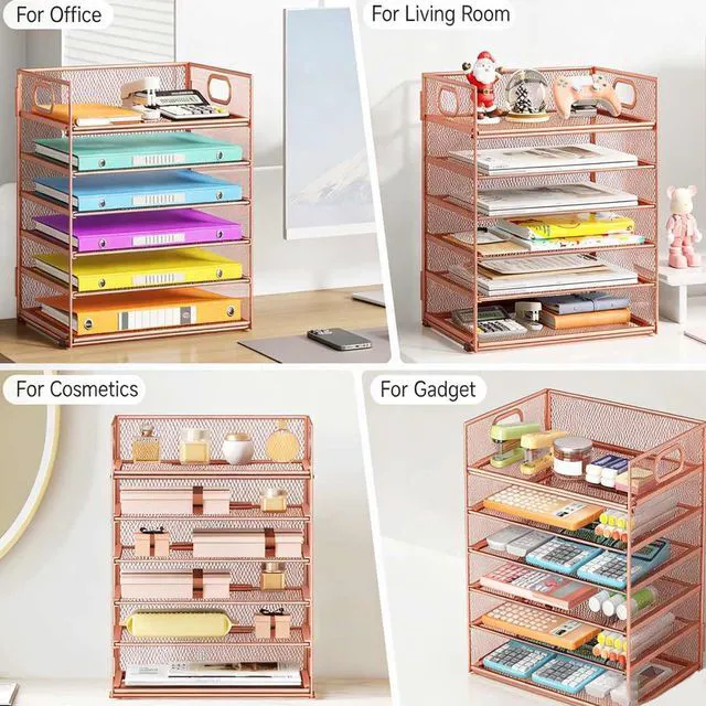 Alt view image 5 of 5 - 6 Tiers Letter Tray Paper Organizer with Handle, Mesh Desk File Organizer, Metal Desktop Document Shelf Organization, Paper Sorter Organizer for Office, Home or School File Folder Holder (Rose Gold)