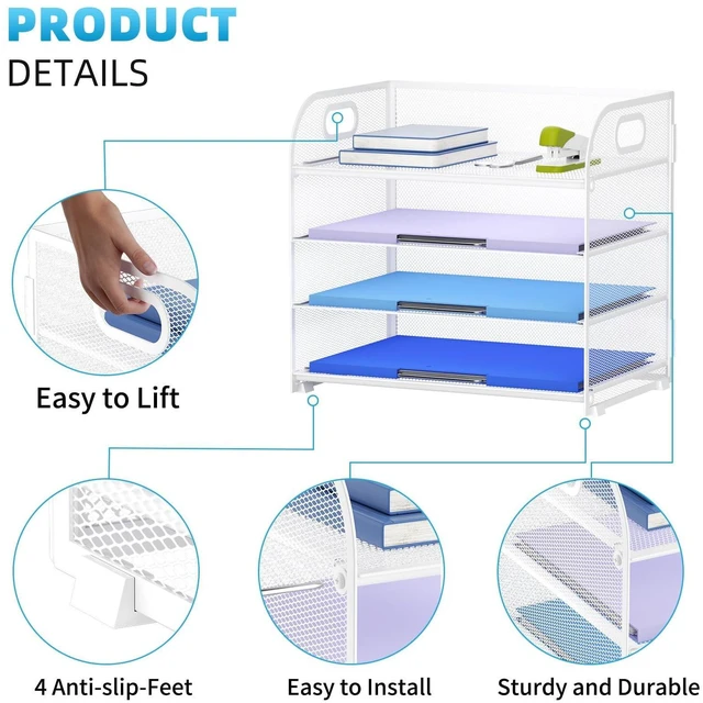 Alt view image 4 of 6 - 2 Pack 4 Tier Paper Organizer Letter Tray - Mesh Desk File Organizer with Handle, Paper Sorter Organizer for Letter/A4 Office File Folder Holder (White, 12.6" x 9.1" x 10.7")
