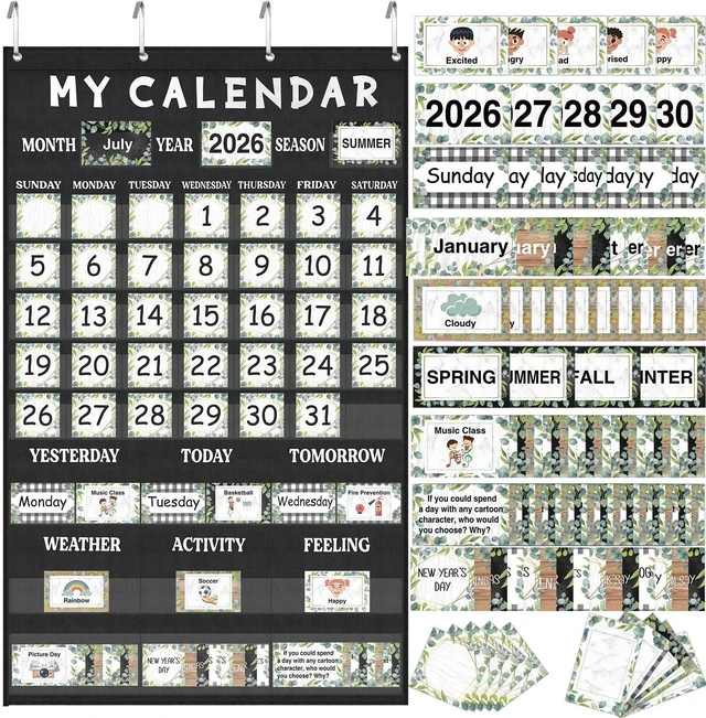 Main image of Eucalyptus Classroom Calendar Pocket Chart Bulletin Board Set Decor Calendar Bulletin Board Set with Pocket Season Festival Weather Calendar Pocket Chart for Back to School Classroom Supplies