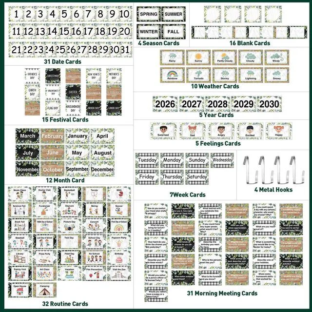 Alt view image 3 of 6 - Eucalyptus Classroom Calendar Pocket Chart Bulletin Board Set Decor Calendar Bulletin Board Set with Pocket Season Festival Weather Calendar Pocket Chart for Back to School Classroom Supplies