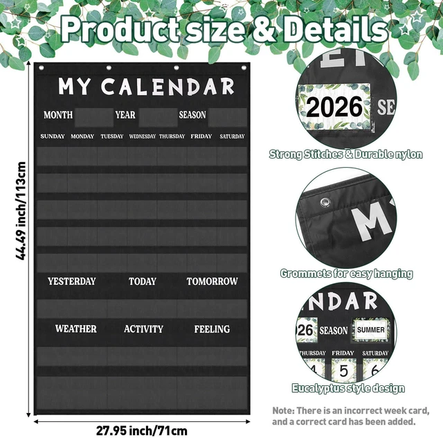Alt view image 2 of 6 - Eucalyptus Classroom Calendar Pocket Chart Bulletin Board Set Decor Calendar Bulletin Board Set with Pocket Season Festival Weather Calendar Pocket Chart for Back to School Classroom Supplies