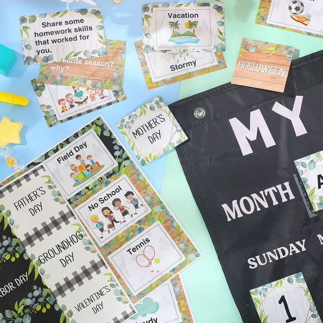 Alt view image 4 of 6 - Eucalyptus Classroom Calendar Pocket Chart Bulletin Board Set Decor Calendar Bulletin Board Set with Pocket Season Festival Weather Calendar Pocket Chart for Back to School Classroom Supplies