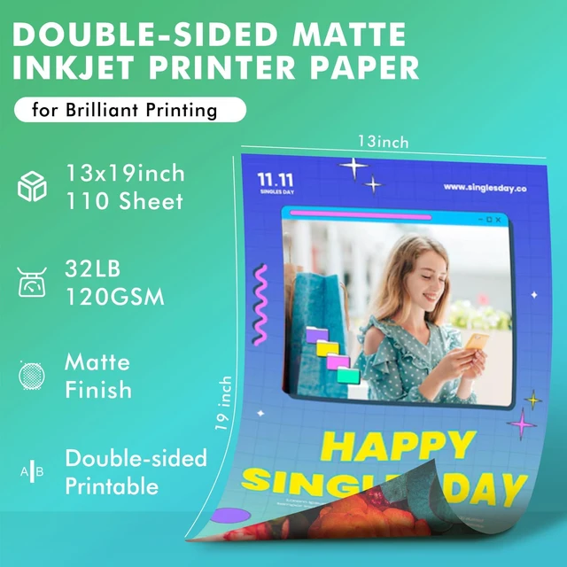 Alt view image 2 of 7 - Double Sided Thin Matte Printer Paper 13x19 Inch 32LB 110 Sheets for Presentation, Books Printing, Compatible with Inkjet Printer, 120gsm