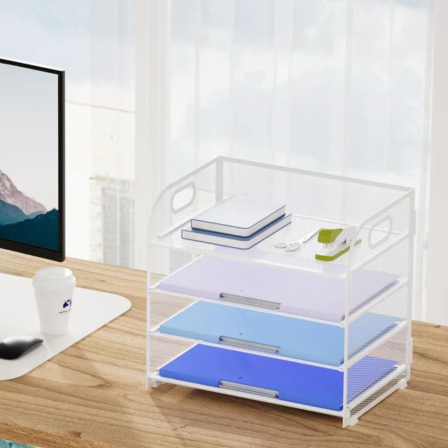 Alt view image 6 of 6 - 2 Pack 4 Tier Paper Organizer Letter Tray - Mesh Desk File Organizer with Handle, Paper Sorter Organizer for Letter/A4 Office File Folder Holder (White, 12.6" x 9.1" x 10.7")