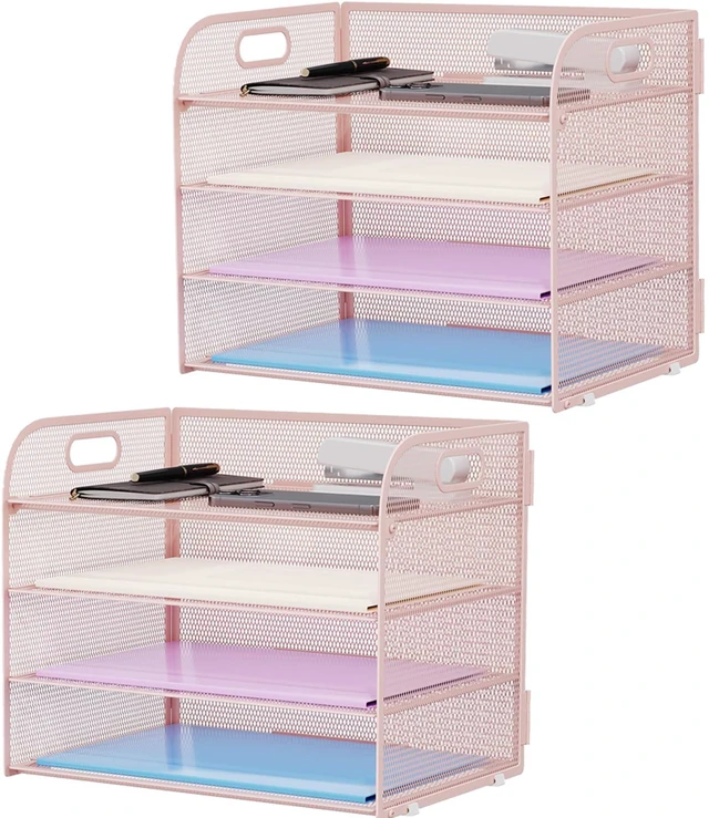 Main image of 2 Pack 4 Tier Paper Organizer Letter Tray - Mesh Desk File Organizer with Handle, Paper Sorter Organizer for Letter/A4 Office File Folder Holder (Pink, 12.6" x 9.1" x 10.7")