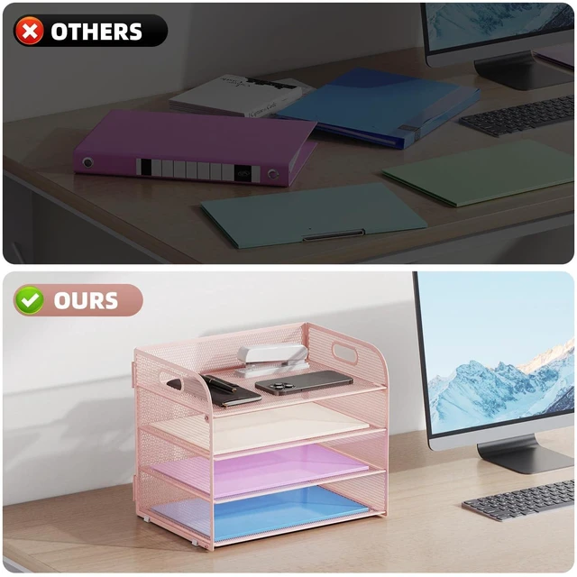 Alt view image 2 of 7 - 2 Pack 4 Tier Paper Organizer Letter Tray - Mesh Desk File Organizer with Handle, Paper Sorter Organizer for Letter/A4 Office File Folder Holder (Pink, 12.6" x 9.1" x 10.7")