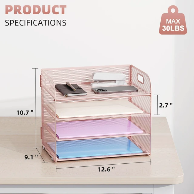 Alt view image 3 of 7 - 2 Pack 4 Tier Paper Organizer Letter Tray - Mesh Desk File Organizer with Handle, Paper Sorter Organizer for Letter/A4 Office File Folder Holder (Pink, 12.6" x 9.1" x 10.7")