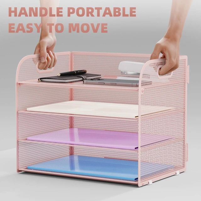 Alt view image 5 of 7 - 2 Pack 4 Tier Paper Organizer Letter Tray - Mesh Desk File Organizer with Handle, Paper Sorter Organizer for Letter/A4 Office File Folder Holder (Pink, 12.6" x 9.1" x 10.7")