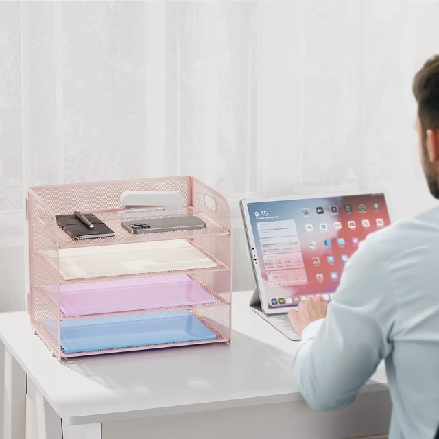 Alt view image 6 of 7 - 2 Pack 4 Tier Paper Organizer Letter Tray - Mesh Desk File Organizer with Handle, Paper Sorter Organizer for Letter/A4 Office File Folder Holder (Pink, 12.6" x 9.1" x 10.7")