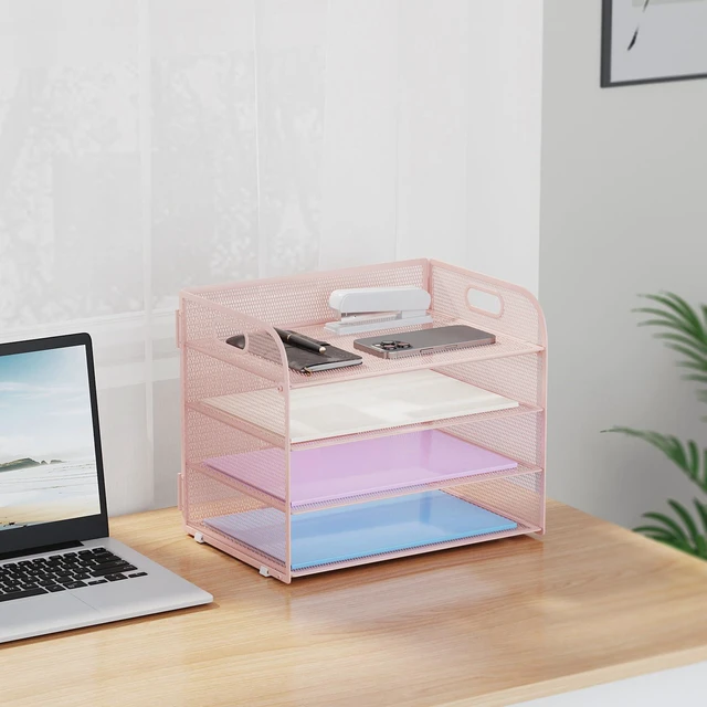 Alt view image 7 of 7 - 2 Pack 4 Tier Paper Organizer Letter Tray - Mesh Desk File Organizer with Handle, Paper Sorter Organizer for Letter/A4 Office File Folder Holder (Pink, 12.6" x 9.1" x 10.7")