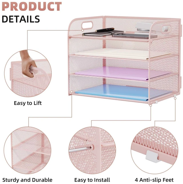 Alt view image 4 of 7 - 2 Pack 4 Tier Paper Organizer Letter Tray - Mesh Desk File Organizer with Handle, Paper Sorter Organizer for Letter/A4 Office File Folder Holder (Pink, 12.6" x 9.1" x 10.7")